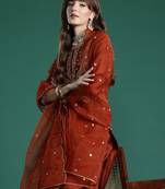 Orange embroidered straight kurta trousers with dupatta set