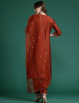 Orange embroidered straight kurta trousers with dupatta set 2