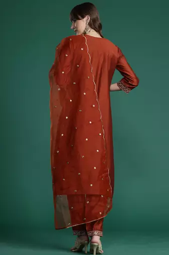 Orange embroidered straight kurta trousers with dupatta set