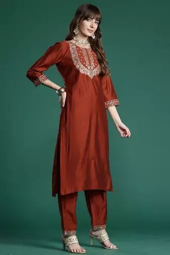 Orange embroidered straight kurta trousers with dupatta set