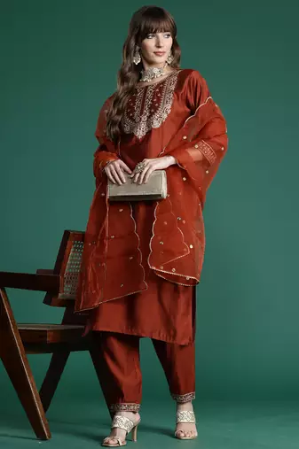 Orange embroidered straight kurta trousers with dupatta set
