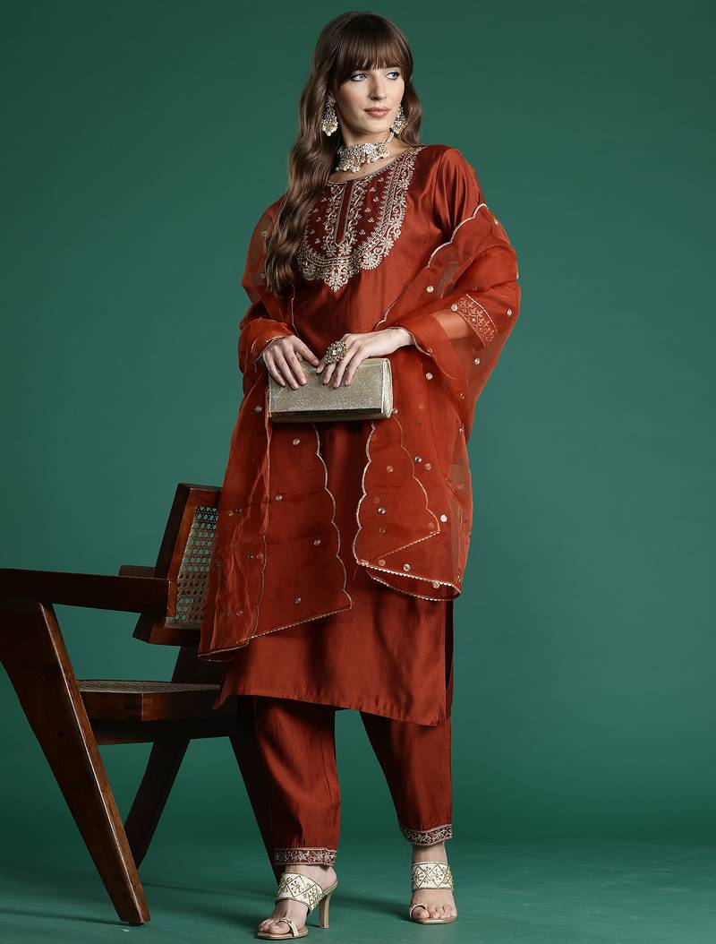 Orange embroidered straight kurta trousers with dupatta set