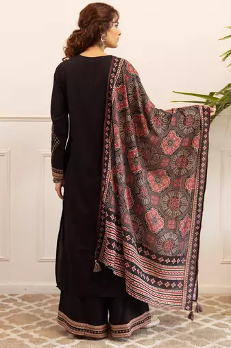 Black embroidered straight kurta palazzo with dupatta set