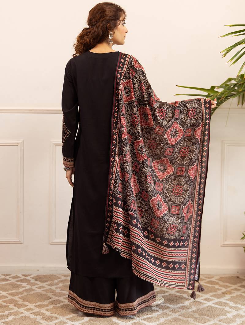 Black embroidered straight kurta palazzo with dupatta set