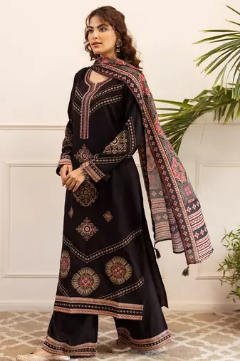 Black embroidered straight kurta palazzo with dupatta set