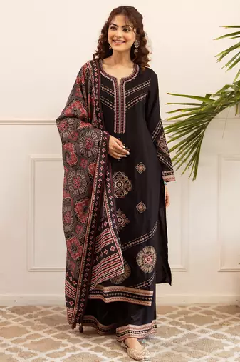 Black embroidered straight kurta palazzo with dupatta set