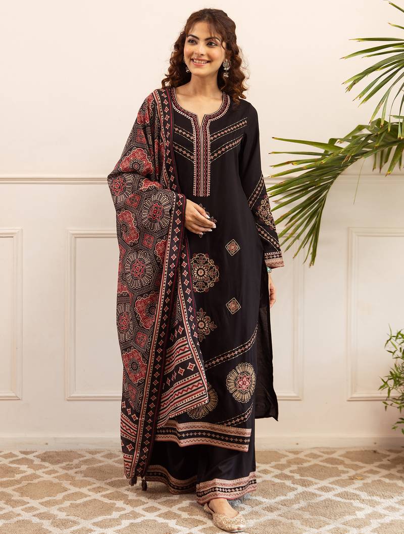 Black embroidered straight kurta palazzo with dupatta set