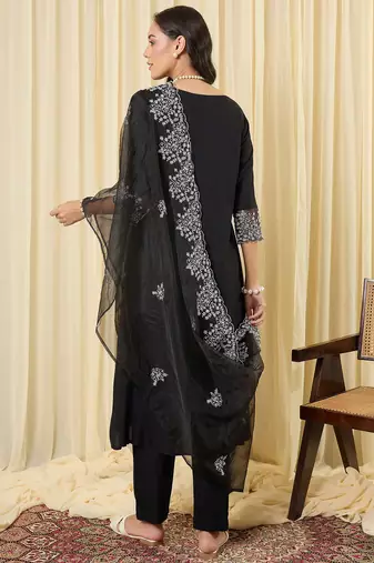 Black embroidered a-line kurta trousers with dupatta set