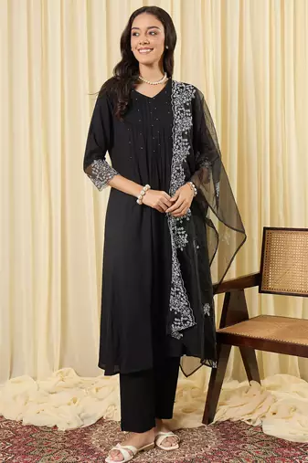 Black embroidered a-line kurta trousers with dupatta set