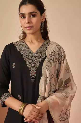 Black embroidered straight kurta salwar with dupatta set