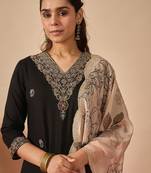 Black embroidered straight kurta salwar with dupatta set