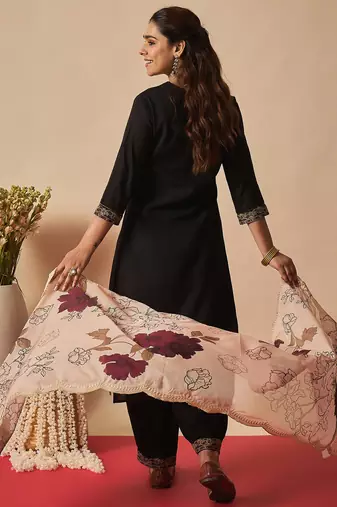 Black embroidered straight kurta salwar with dupatta set