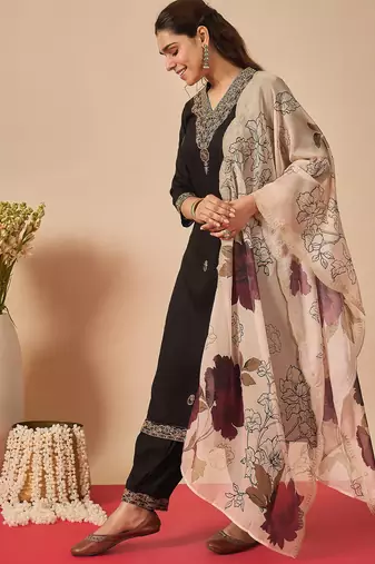 Black embroidered straight kurta salwar with dupatta set