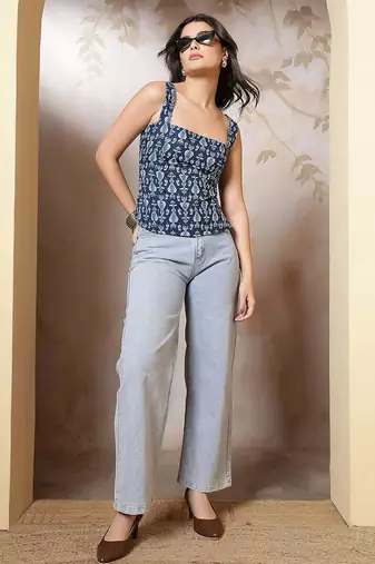 Blue cotton printed top for women