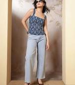 Blue cotton printed top for women