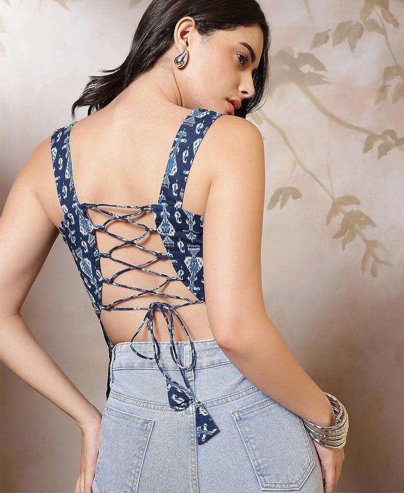 Blue cotton printed top for women