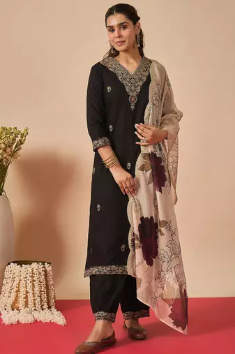 Black embroidered straight kurta salwar with dupatta set