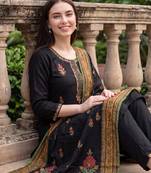 Black embroidered straight kurta trousers with dupatta set