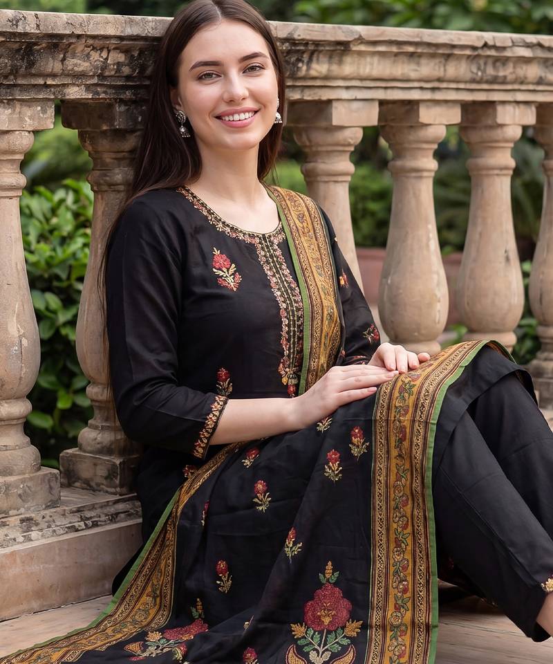 Black embroidered straight kurta trousers with dupatta set