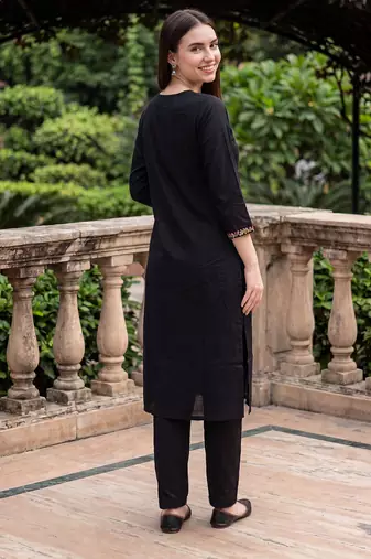 Black embroidered straight kurta trousers with dupatta set