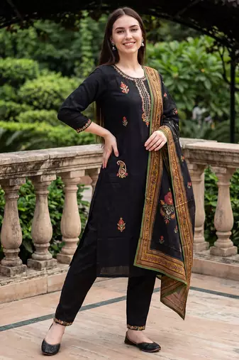 Black embroidered straight kurta trousers with dupatta set