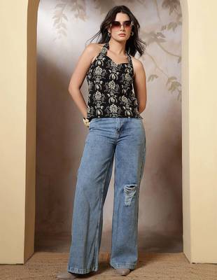 Black cotton printed top for women 1