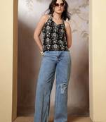 Black cotton printed top for women