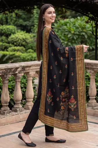 Black embroidered straight kurta trousers with dupatta set