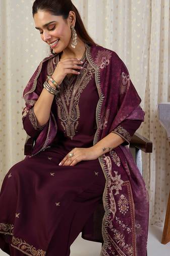 Maroon embroidered straight kurta palazzo with dupatta set