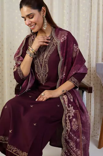 Maroon embroidered straight kurta palazzo with dupatta set