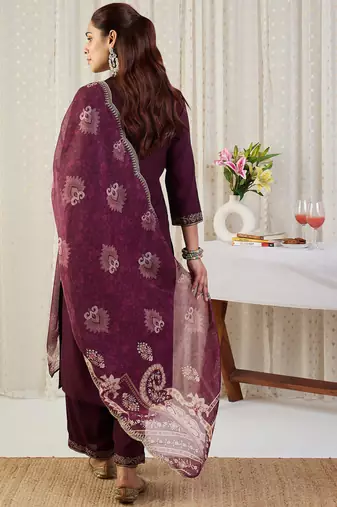 Maroon embroidered straight kurta palazzo with dupatta set