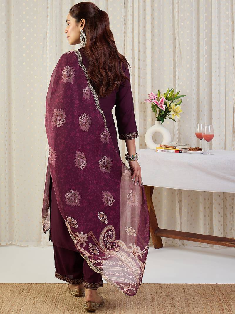 Maroon embroidered straight kurta palazzo with dupatta set