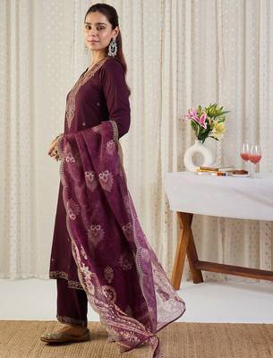 Maroon embroidered straight kurta palazzo with dupatta set 3