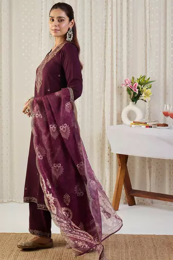 Maroon embroidered straight kurta palazzo with dupatta set