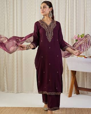 Maroon embroidered straight kurta palazzo with dupatta set 4