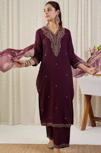 Maroon embroidered straight kurta palazzo with dupatta set