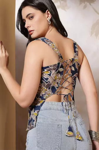 Blue cotton printed top for women