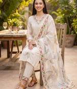 Off white embroidered straight kurta trousers with dupatta set