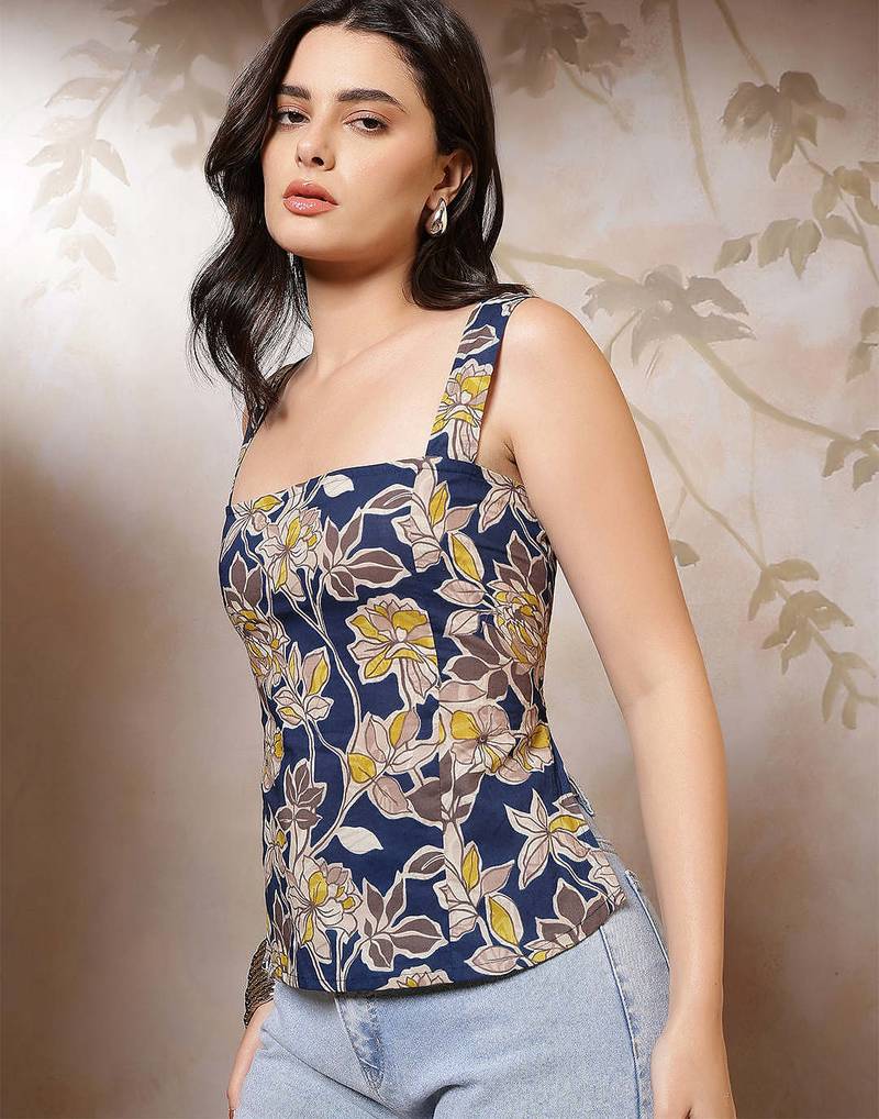 Blue cotton printed top for women