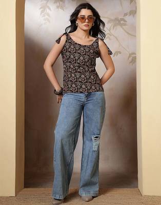 Black cotton printed top for women 1