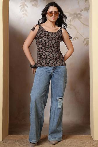 Black cotton printed top for women