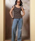 Black cotton printed top for women