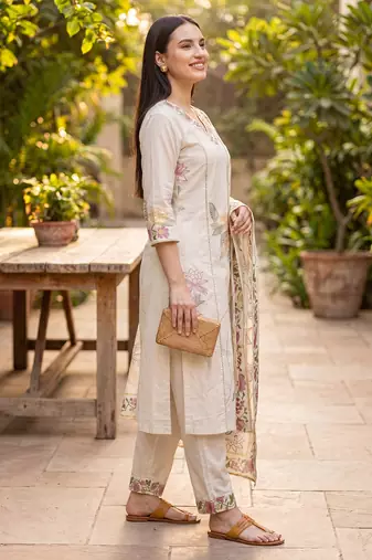 Off white embroidered straight kurta trousers with dupatta set