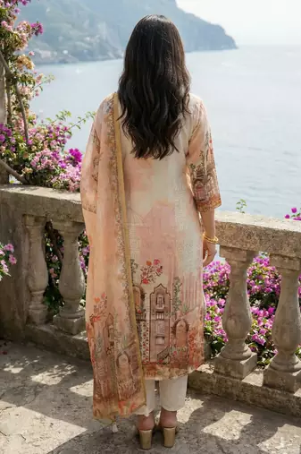 Off white printed straight kurta trousers with dupatta set