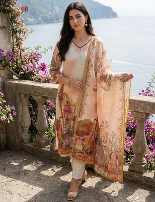 Off white printed straight kurta trousers with dupatta set 4