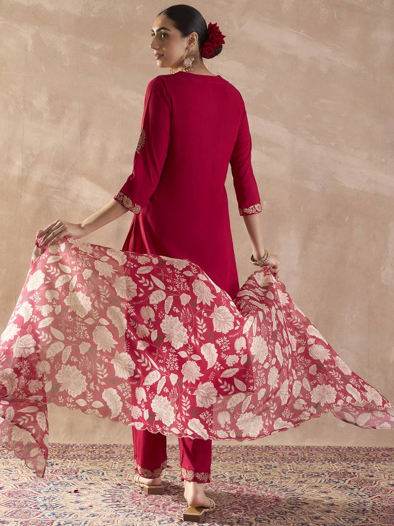 Pink embroidered straight kurta palazzo with dupatta set