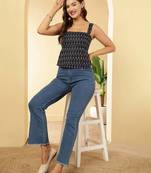 Navy-blue cotton printed top for women