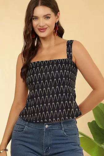 Navy-blue cotton printed top for women