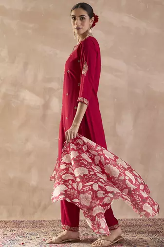 Pink embroidered straight kurta palazzo with dupatta set