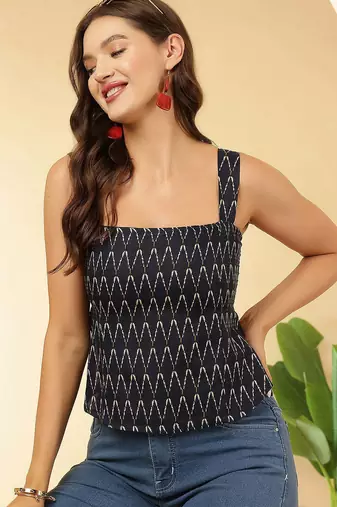 Navy-blue cotton printed top for women